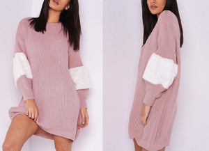 Women's Knitted Scoop neck Sweater Dresses w/ Faux Fur Sleeve Design - Ailime Designs