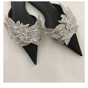 Women's Elegant Crystal Leaf Design Slip-on Mules