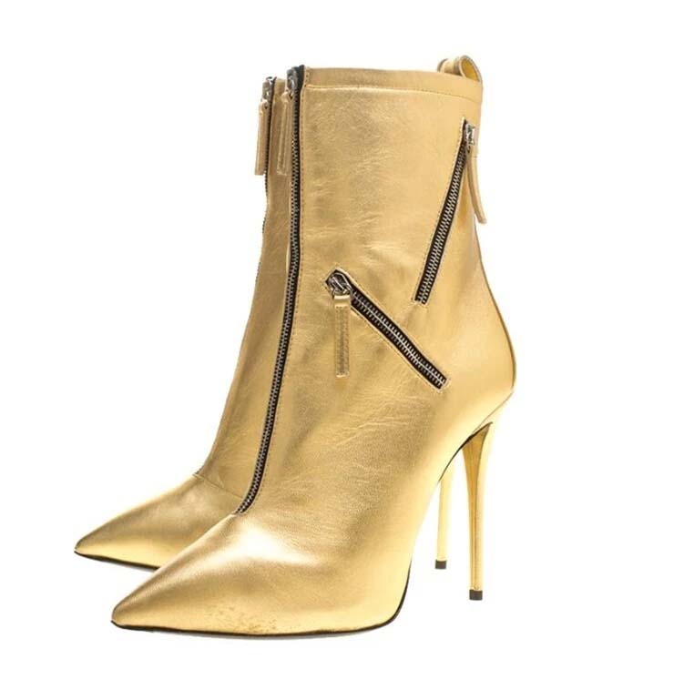 Women's Metallic Gold Zipper Design Ankle Boots