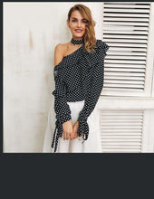 Load image into Gallery viewer, Hollow-Cut Shoulder Women&#39;s Polka Dot Long Sleeve Ruffle Blouse w/ String Ties - Ailime Designs