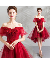 Load image into Gallery viewer, Women&#39;s Burgundy  Bandeau Shoulders Organza Evening Flare Dress w/ Beautiful Applique Design - Ailime Designs