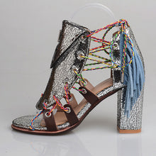 Load image into Gallery viewer, Women&#39;s Metallic Leather Roman Style Lace Sandals