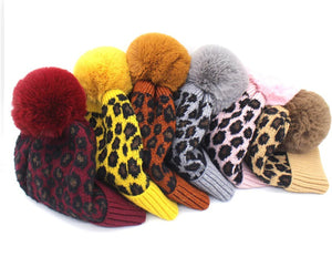 Children's Stylish Fur Lined Leopard Knit Pom Pom Beanie Caps – Sun Protectors