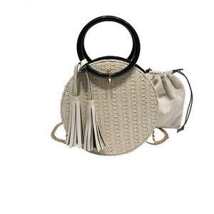 Women's Round Woven Straw Tassel Design Cross-body Bags