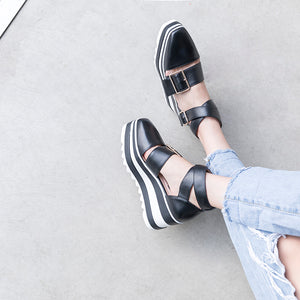 Women's Genuine Black & White Leather Platform Wedge Sandals