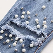 Load image into Gallery viewer, Stylish Fashionable Women&#39;s Pearl Beaded Denim Jeans w/ Ragout Knees - Ailime Designs