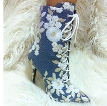 Load image into Gallery viewer, Women&#39;s Embroidered Flower Design Lace Tie Ankle Boots