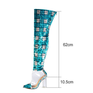 Women's Fashion Style Gingham Plush Print & PVC Design Clear Shoe Boots