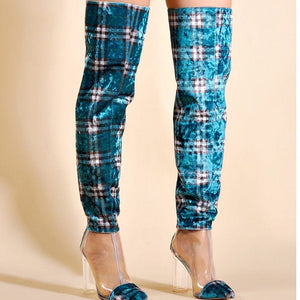Women's Fashion Style Gingham Plush Print & PVC Design Clear Shoe Boots