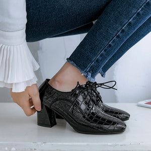 Women's String Tie Crocodile Print Design Patent Leather Pump Heels - Ailime Designs