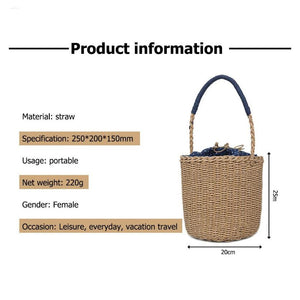 Women's Straw Woven Handbags w/ Contrast Polka Dot Drawstring & Handle Design