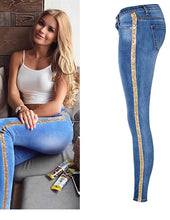 Load image into Gallery viewer, Women Straight-leg Denim Jeans w/ Gold Trim Side Panels - Ailime Designs