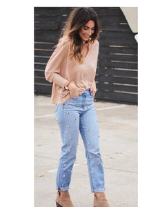 Women's Stylish Faux Pearl Design Denim Jeans w/ Pockets - Ailime Designs