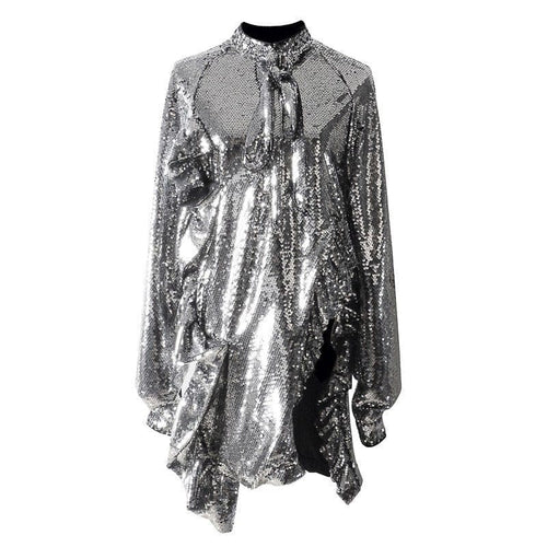 Women's Silver Asymmetrical Design Ruffle Trim Dresses - Ailime Designs
