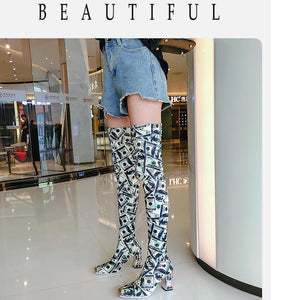 Women's Money-dollars Print Design Thigh High Boots