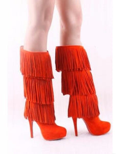 Women's Triple Layered Fringe Knee-High Suede Leather Skin Boots