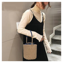 Load image into Gallery viewer, Women&#39;s Straw Woven Handbags w/ Contrast Polka Dot Drawstring &amp; Handle Design