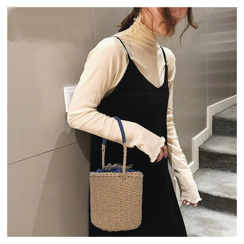 Women's Straw Woven Handbags w/ Contrast Polka Dot Drawstring & Handle Design