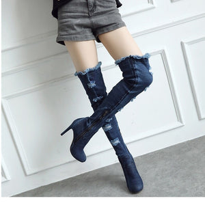 Women's Frayed Denim Style Knee-High Boots