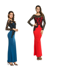 Women's Lace Bodice Arch Design Long Sleeve Gown Dresses w/ Solid Panel - Ailime Designs