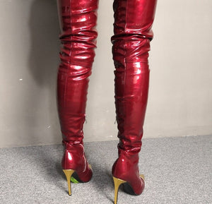 Women's Pointed Toe Patent Leather Thigh High Boots