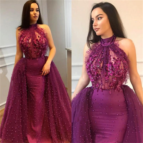 Arabic Elegant Faux Pearl Beaded Purple Evening Wear Gowns - Ailime Designs