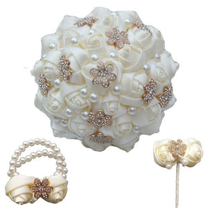 Bridal Accessories - 3-Pc Wedding Rhinestone & Pearl Trim Flower Bouquets