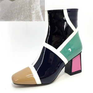 Women's Patent Leather Block Design Ankle Boots