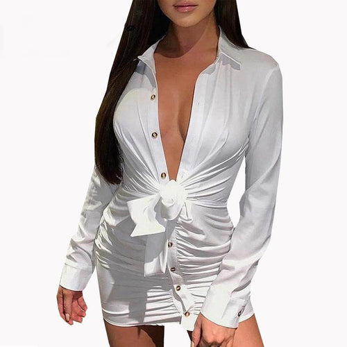 Women's Shirt Style White Button Front Mini Tie Dresses - Ailime Designs