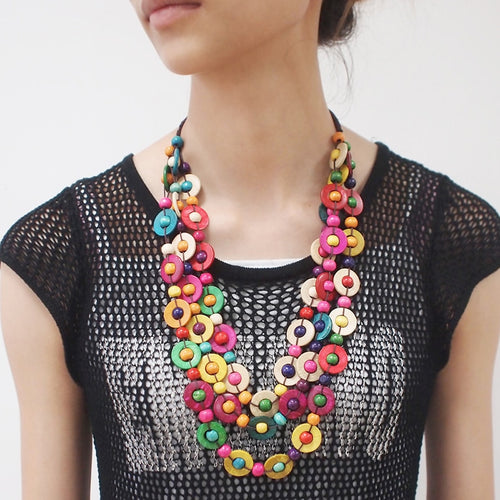 Women's Multi-color Natural Wood Bead Necklace Set
