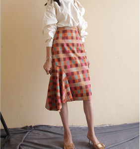 Women's Plaid Asymmetrical Side Drape Design Skirt