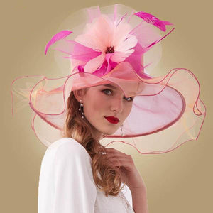 Elegant Women's Organza Wide Brim Layered Hats w/ Flower Motif - Ailime Designs