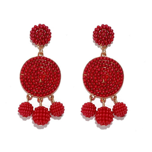 Beaded Red Bohemian Design Dangling Drop Earrings - Ailime Designs