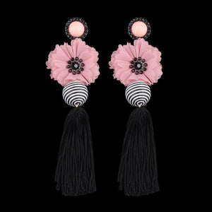 Women's Vintage Tassel Fringe Drop Earrings w/ Flower Motif Ornament