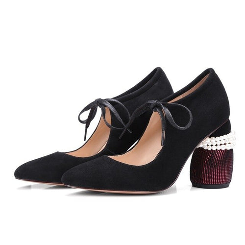 Women's Lace Tie Ultra Suede Mary Jane Style Pumps