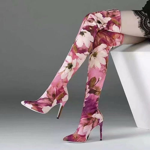 Women's Floral Print Design Thigh High Boots - Ailime Designs