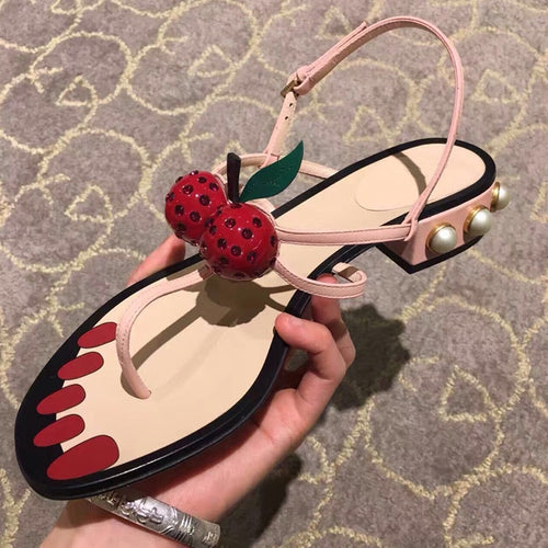 Women's Stylish Decorative Cherry Motif Feet Imprint Design Sandals