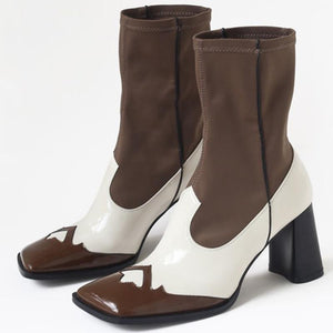 Women's Square Toe Two-toned Stretch Style Ankle Boots