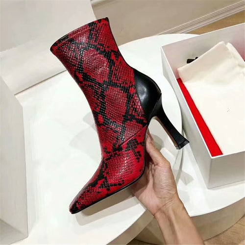 Women's Two-toned Snake Print Design Genuine Leather Ankle Boots
