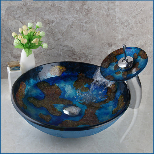 Elegant Tempered Blue Design  Glass Vessel Sinks