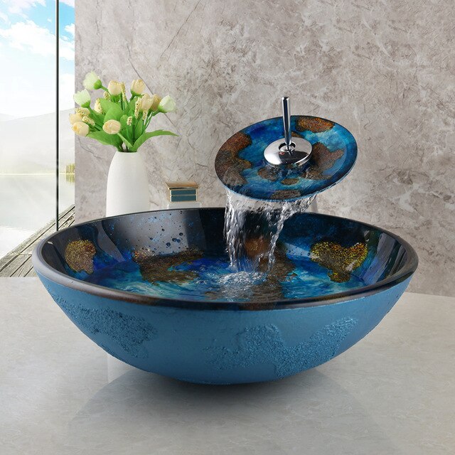 Elegant Tempered Blue Design  Glass Vessel Sinks