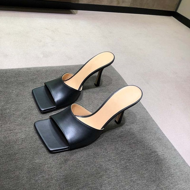 Women's Chic Wide Square Toe Design Leather Mules