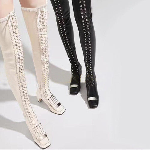 Women's String Lace Rivet Design Sexy Thigh High Boots