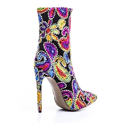 Women's Flower Design Pointed Toe Ankle Boots