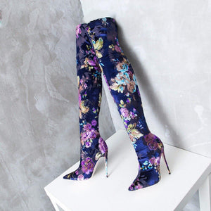 Women's Floral Stretch Style Knee-High Boots