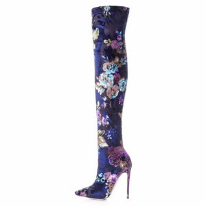 Women's Floral Stretch Style Knee-High Boots