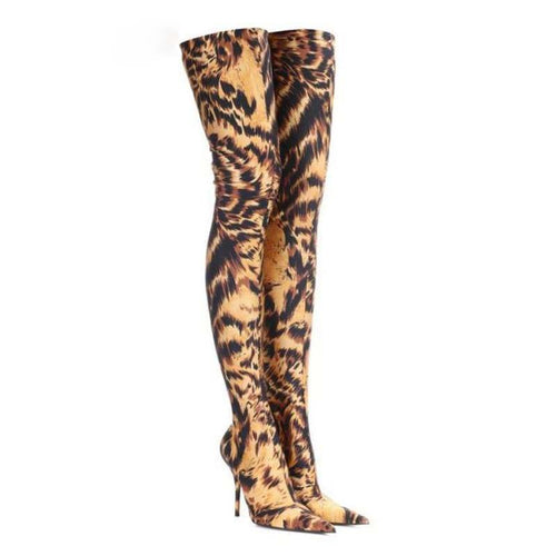 Women's Leopard Print Design Stretch Lcrya Thigh High Shoe Boots