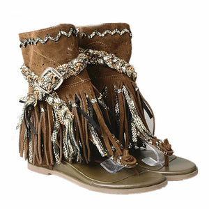 Women's Bohemian Fringe Design Toe-Sling Boot Sandals