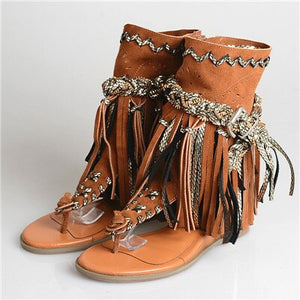 Women's Bohemian Fringe Design Toe-Sling Boot Sandals
