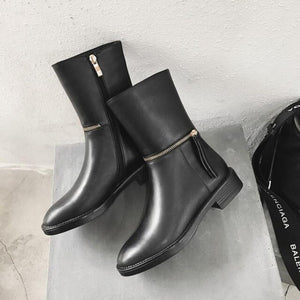Women's Zipper Design Genuine Leather Skin Ankle Boots